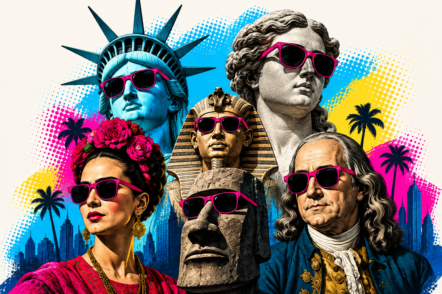 Команда ON Quiz: Libby, Sofia, Sphinx, Frida, Moai и Frank в розовых очках, в ярком pop-art коллаже